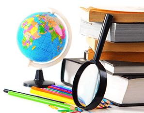 magnify glass, globe, colored pencils, and stack of books